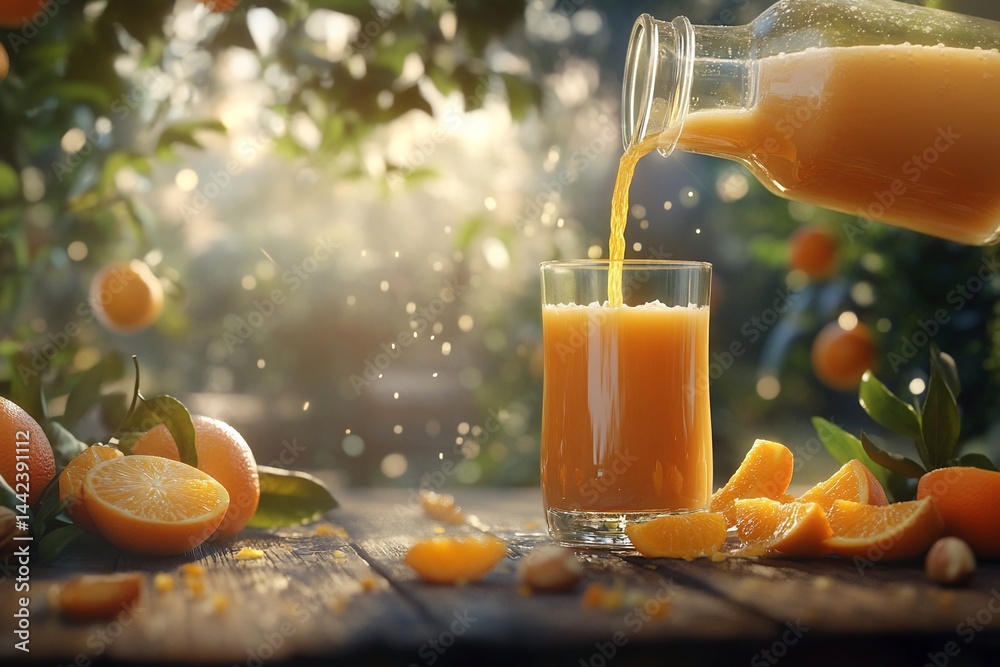 Fresh orange juice pouring into a glass on wooden table with oranges.
