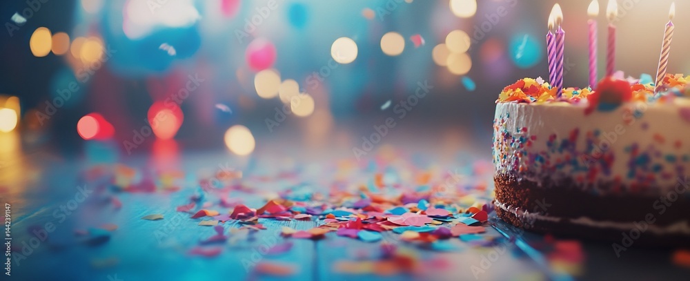 Festive birthday cake with colorful sprinkles and confetti on a blue table.
