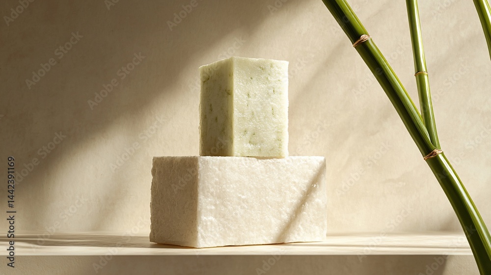 Two bars of natural soap on a stone pedestal with bamboo stalks in soft light.