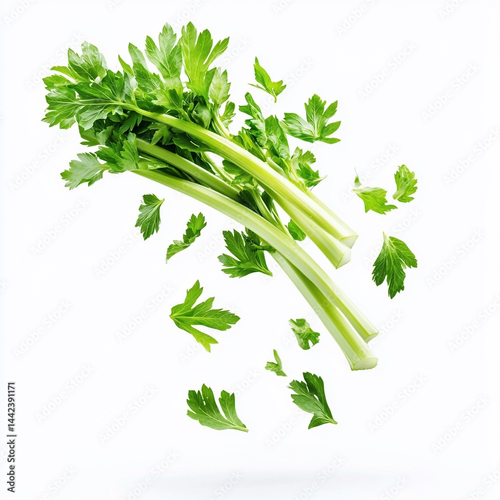 Fresh celery stalks and leaves levitating against a white background. (1)