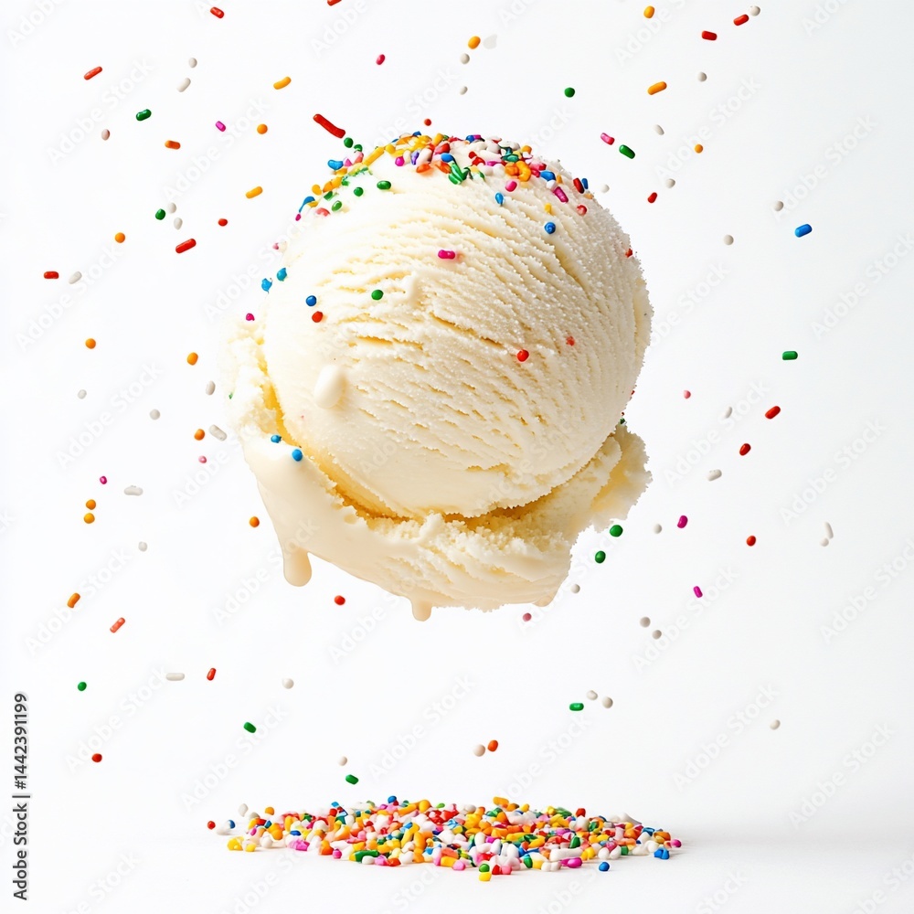 A scoop of vanilla ice cream levitates, adorned with colorful sprinkles against a white backdrop.