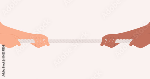 Hands of people of different nationalities and skin tones pulling a rope in opposite directions. Flat vector illustration