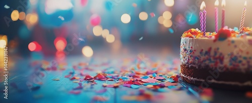 Obraz na płótnie Festive birthday cake with colorful sprinkles and confetti on a blue table. w salonie