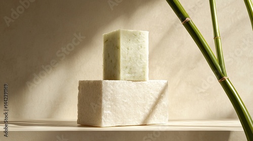 Obraz na płótnie Two bars of natural soap on a stone pedestal with bamboo stalks in soft light. w salonie