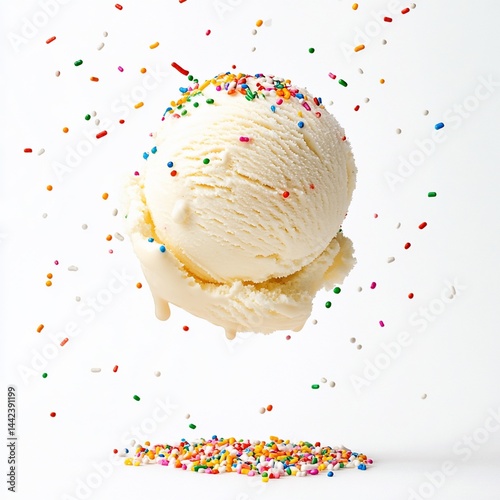Obraz na płótnie A scoop of vanilla ice cream levitates, adorned with colorful sprinkles against a white backdrop. w salonie