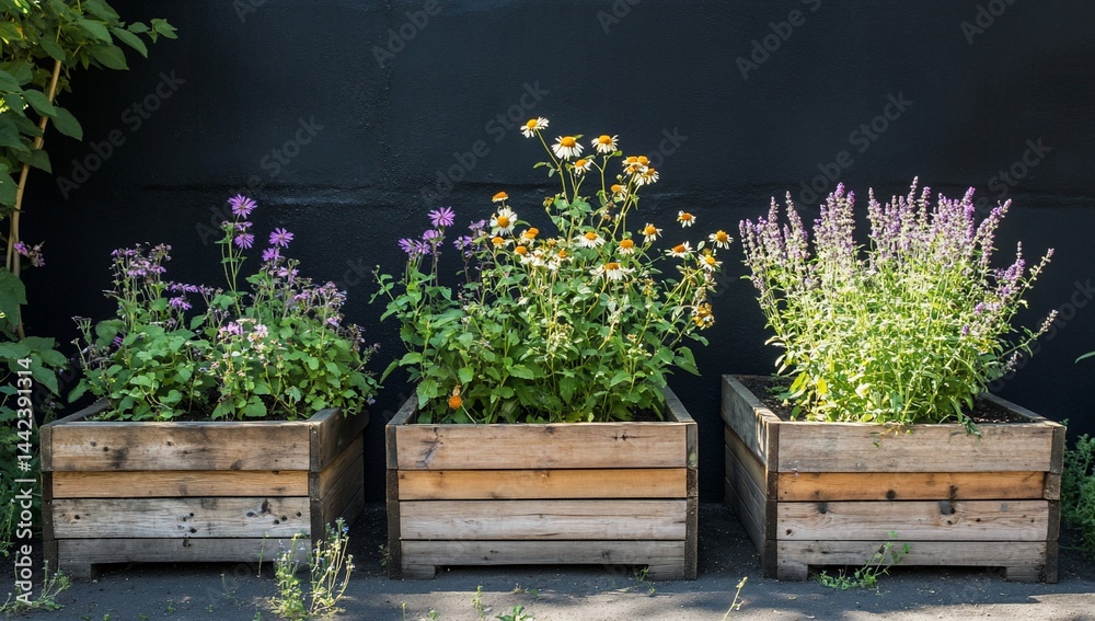Three wooden planters with various blooming flowers against a dark wall.