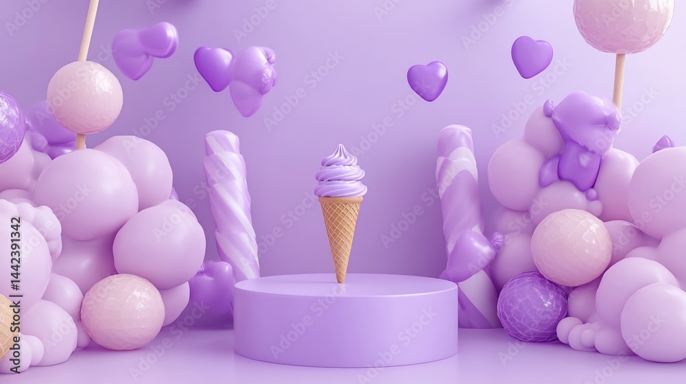 Purple ice cream cone on pedestal surrounded by pastel sweets and balloons.