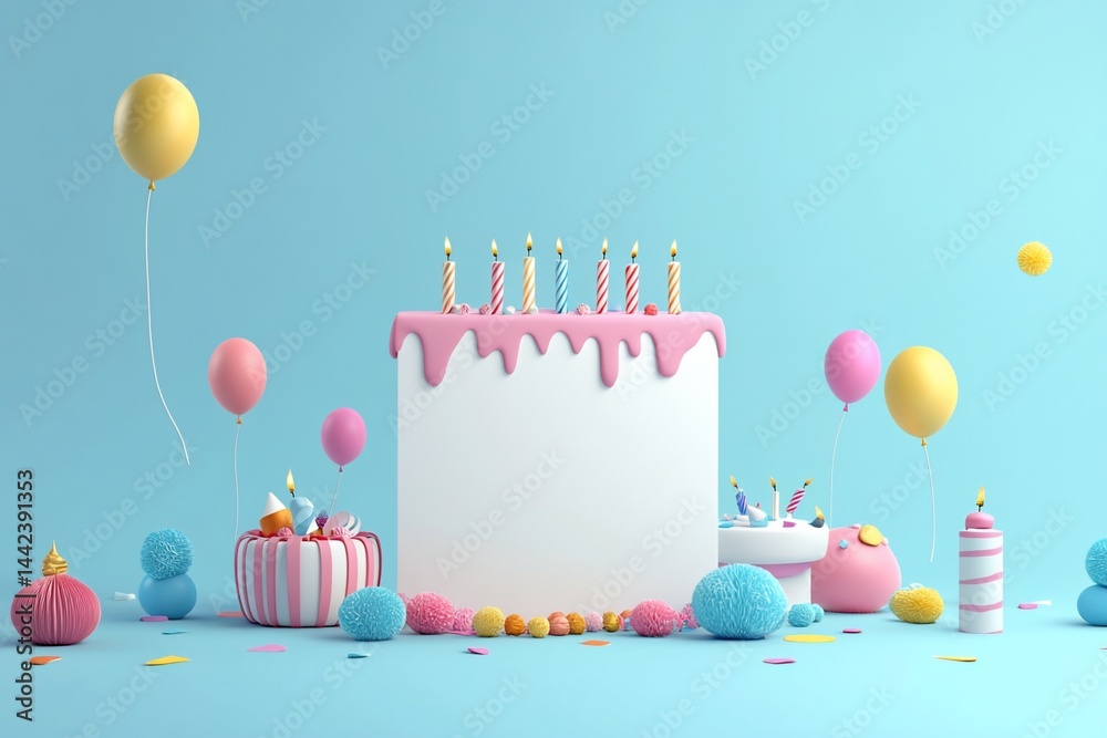 Festive birthday cake with candles, balloons, and candies on a pastel blue background.