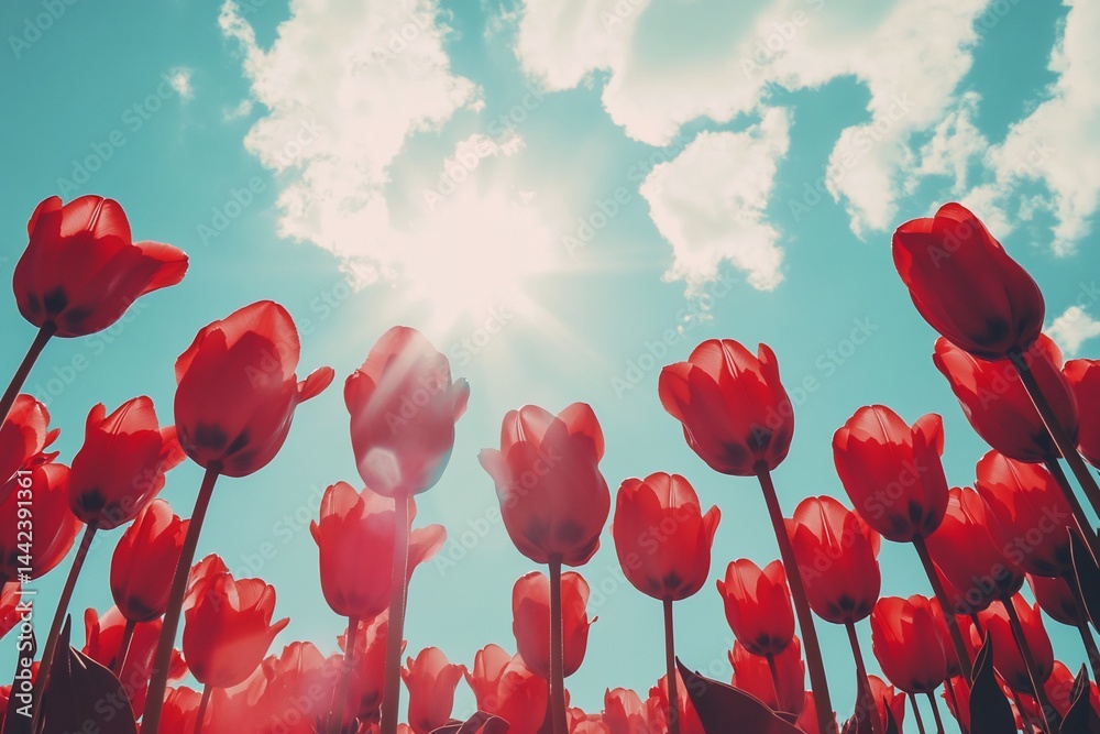 Low angle view of red tulips against a bright sunny sky.