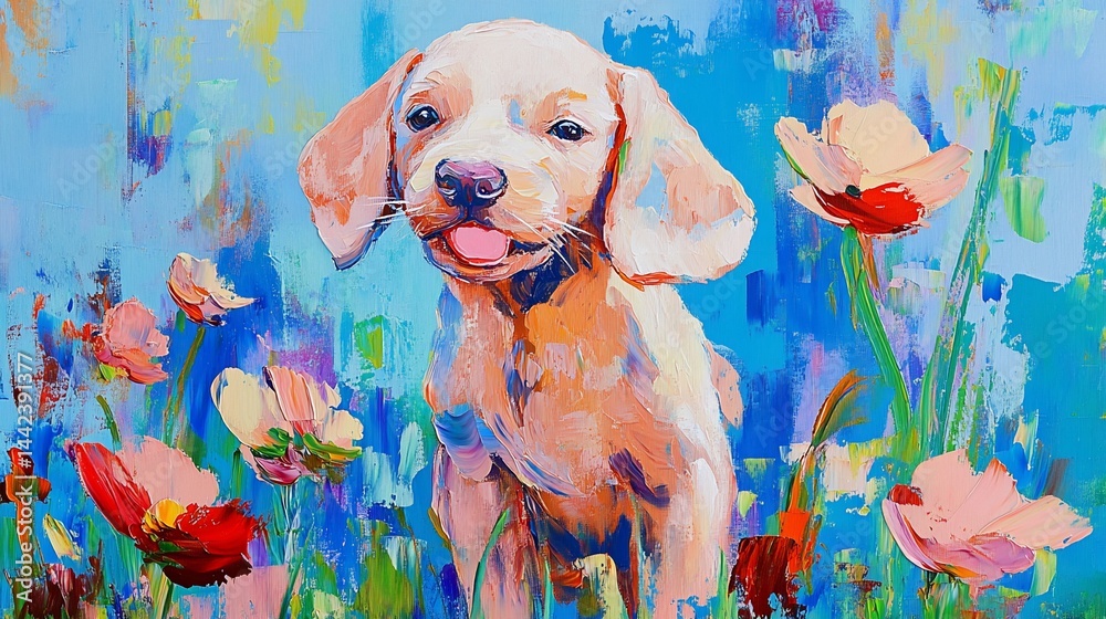 Playful puppy amidst vibrant flowers in an impasto painting style.