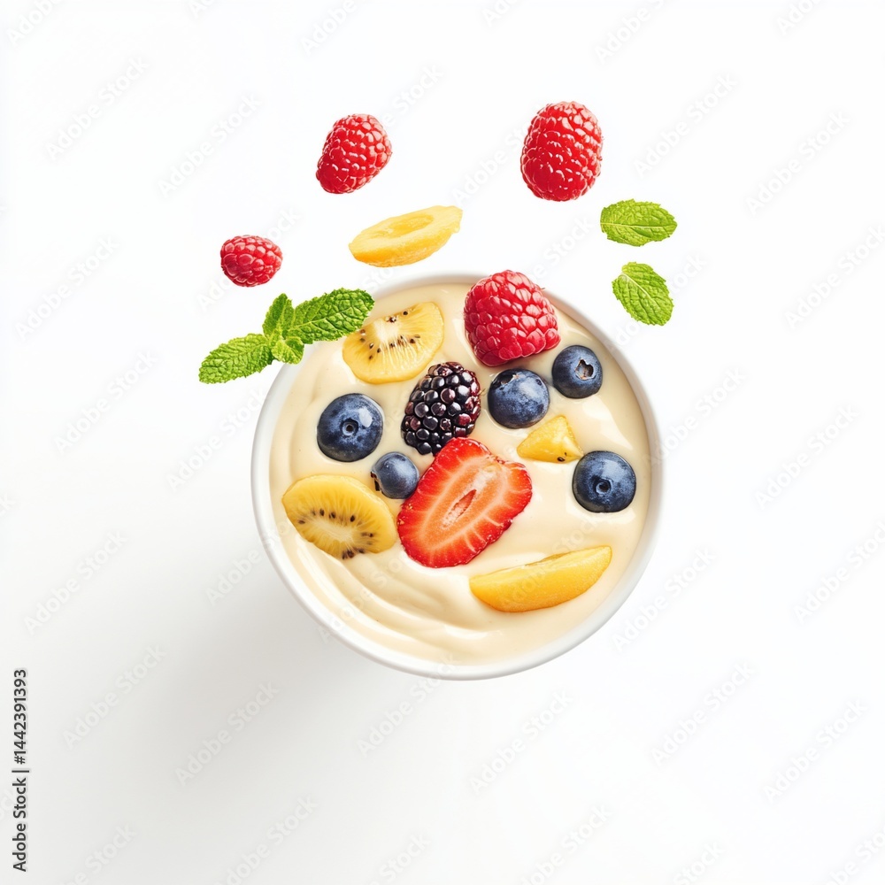 Creamy yogurt parfait with fresh berries, kiwi, and apricot.
