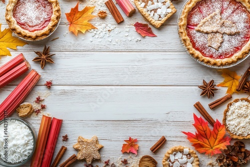 Autumnal rhubarb pies, spices, and fall leaves arranged on white wood.