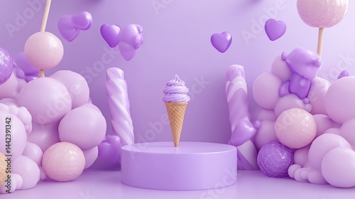 Obraz na płótnie Purple ice cream cone on pedestal surrounded by pastel sweets and balloons. w salonie