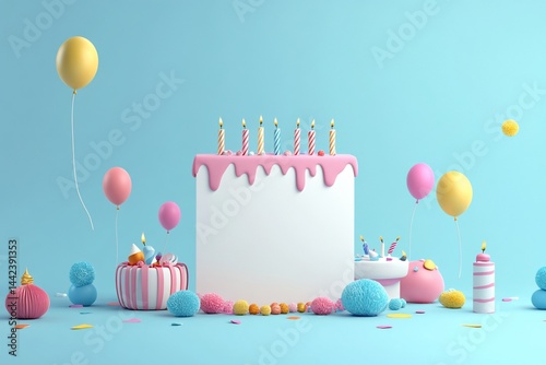 Festive birthday cake with candles, balloons, and candies on a pastel blue background.