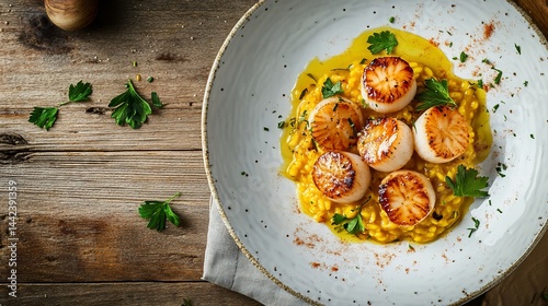 Seared scallops atop creamy saffron risotto, garnished with parsley, served on a rustic wooden table.