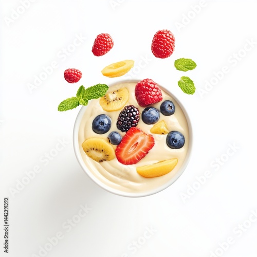 Obraz na płótnie Creamy yogurt parfait with fresh berries, kiwi, and apricot. w salonie