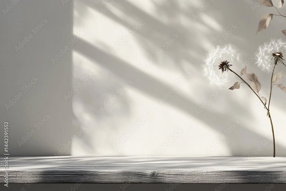 Minimalist scene with dandelion clock on white wooden surface against a wall with sunlight shadows.