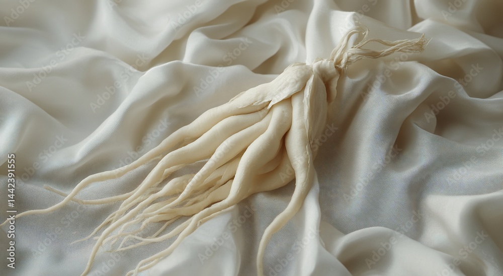 Close-up of a pale, root vegetable with multiple tendrils, artfully arranged on a white fabric background.