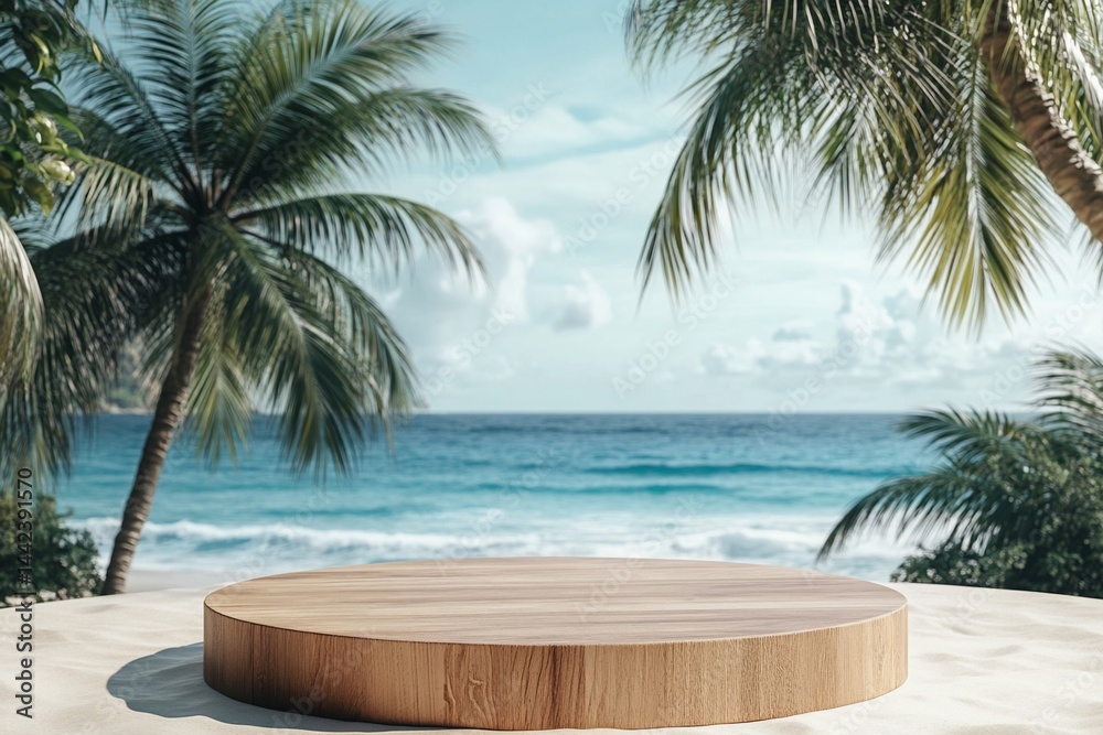 Wooden round platform on sandy beach with ocean and palm trees background.