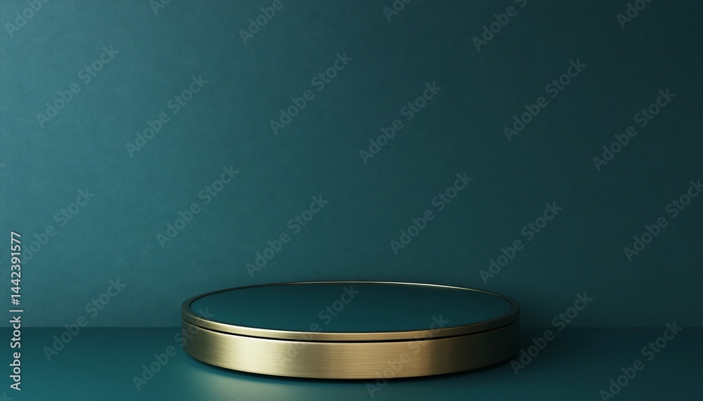 Teal and gold round podium against a teal backdrop.