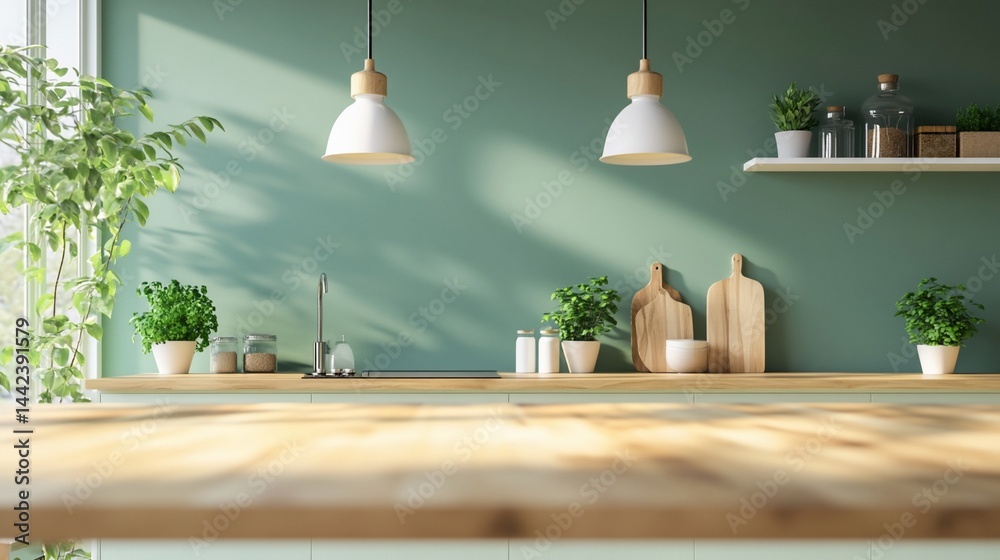 Modern kitchen interior with wooden countertop, green wall, plants, and pendant lights.