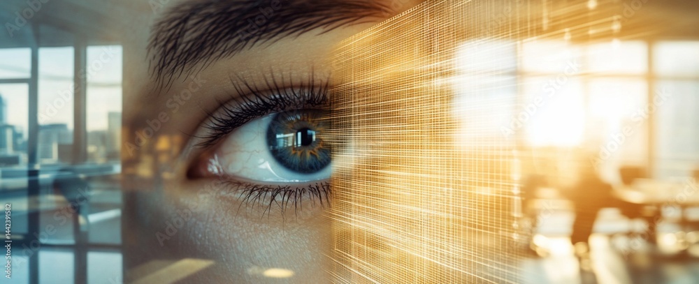 Close-up of a woman's eye with a futuristic overlay, showing city skyline through a window.