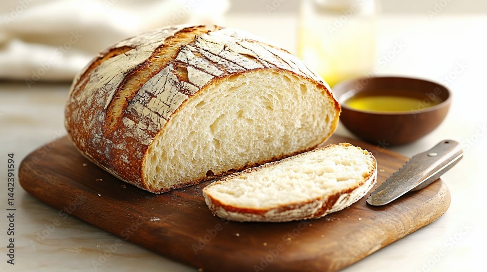 Crusty sourdough bread loaf sliced on wooden board with olive oil.