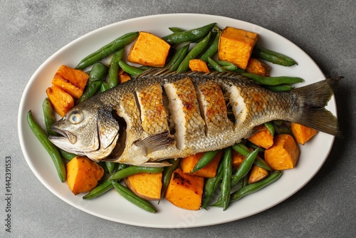 Roasted fish with green beans and sweet potato on oval platter.