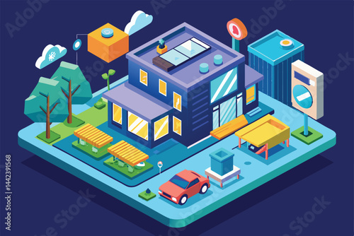 Isometric illustration depicting a colorful modern urban street scene with buildings, trees, and cars. Captures a vibrant and dynamic city environment from an elevated perspective.