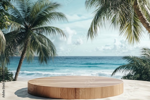 Wooden round platform on sandy beach with ocean and palm trees background.