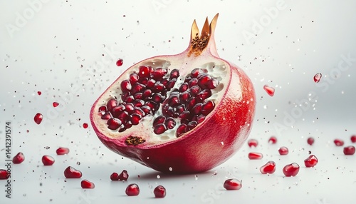 Halved pomegranate with seeds splashing against a white background.