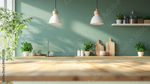 Obraz na płótnie Modern kitchen interior with wooden countertop, green wall, plants, and pendant lights. w salonie