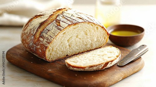 Crusty sourdough bread loaf sliced on wooden board with olive oil.