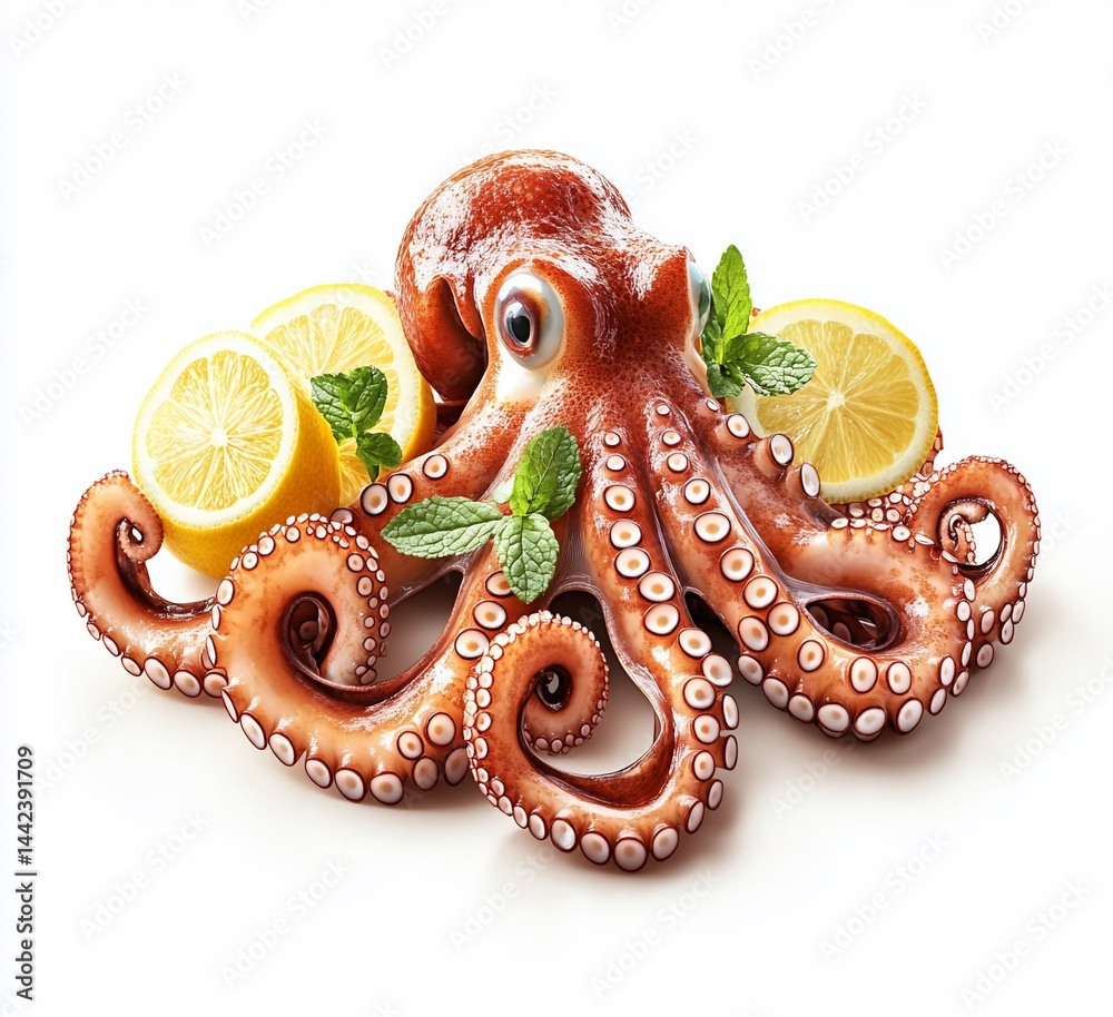 Fresh octopus with lemon and mint on white background.