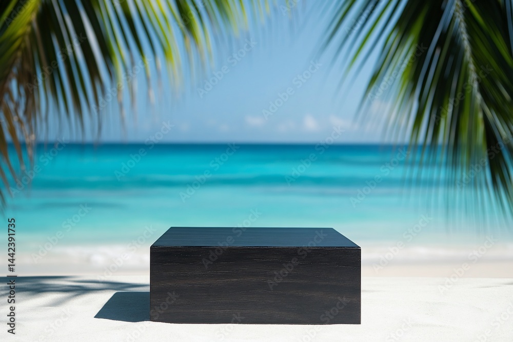 Dark wooden square platform on a beach with palm trees and turquoise ocean background.