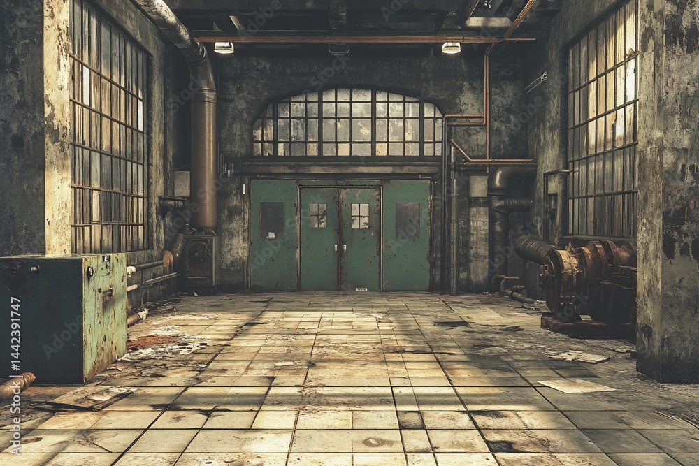 Abandoned industrial building interior with grunge textures, aged walls, large windows, and tiled floor.