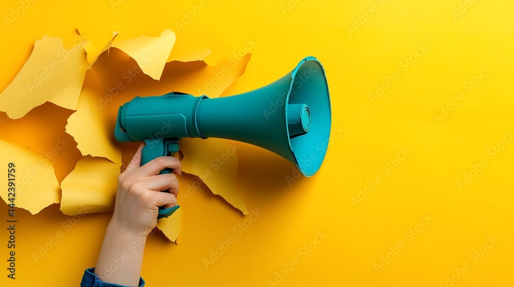 Hand holding teal megaphone breaking through yellow torn paper.