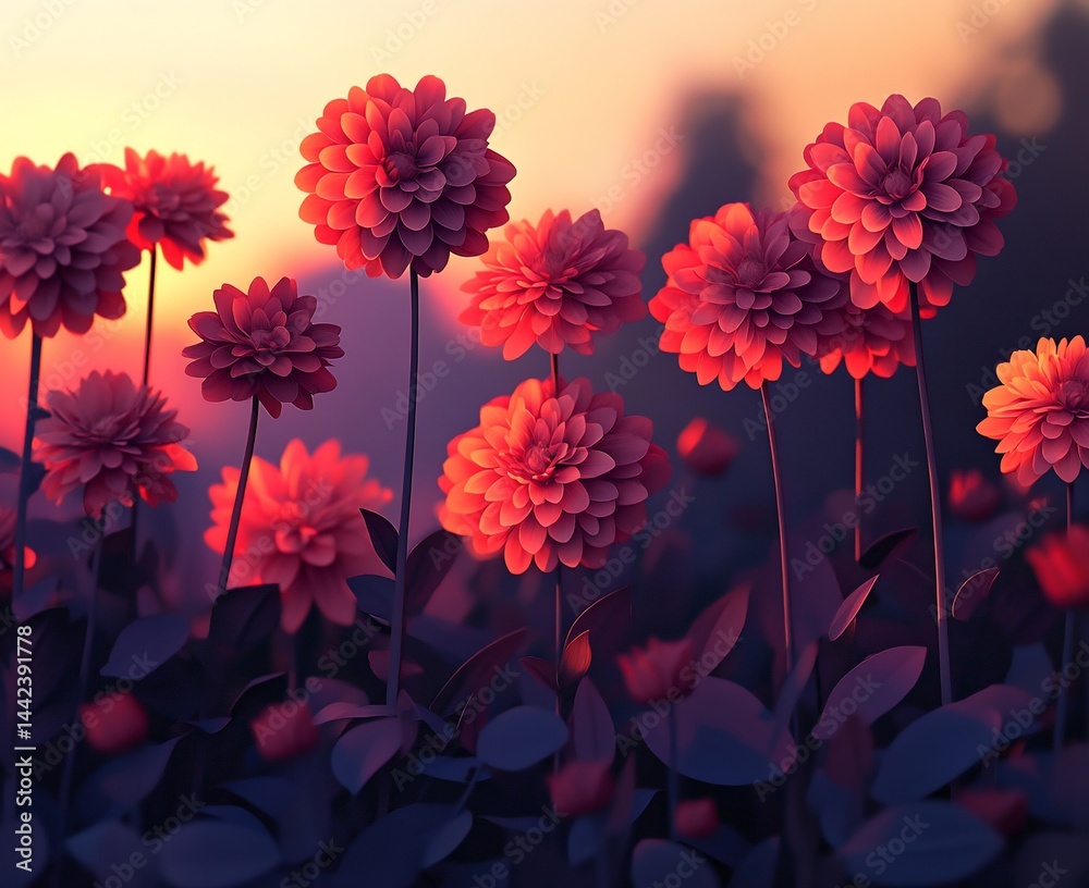 Sunset illuminates a field of vibrant red dahlia flowers.