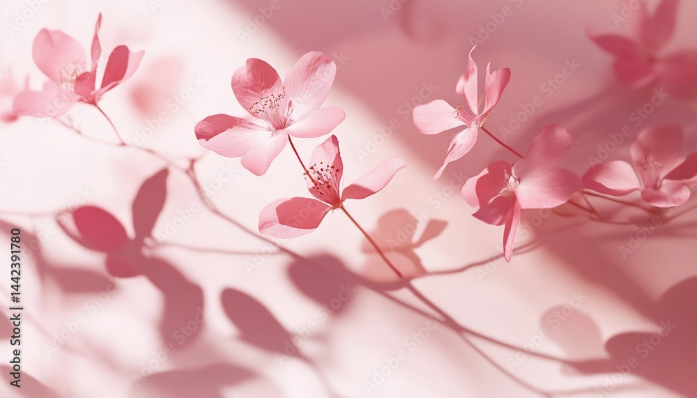 Delicate pink blossoms cast long shadows on a pale pink background, bathed in sunlight.