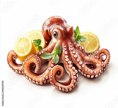 Obraz na płótnie Fresh octopus with lemon and mint on white background. w salonie