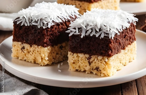 Close-Up of Traditional Australian Lamington Cake on White Plate – Soft Sponge Cake with Chocolate Icing and Coconut Flakes, Iconic Dessert for Australia Day Celebrations and Classic Aussie Treat