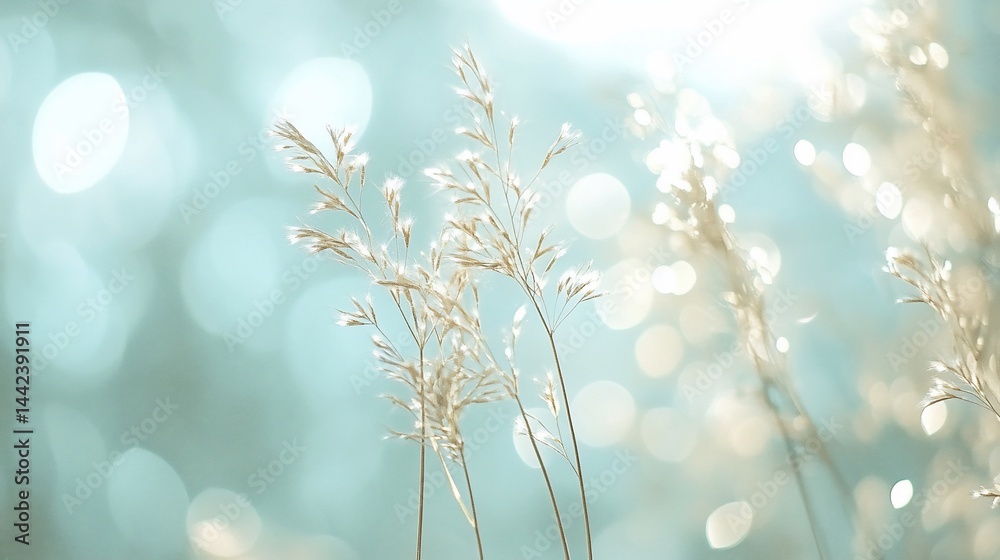 Soft sunlight illuminates delicate, dried grass stalks against a blurred, teal background.