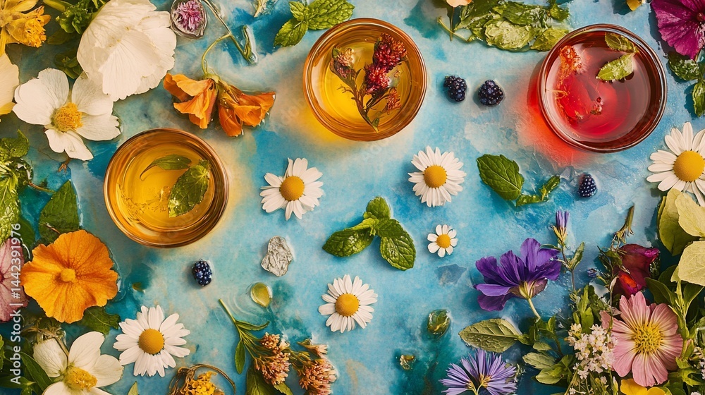 Overhead view of three glass teacups filled with herbal infusions surrounded by assorted flowers and herbs on a blue background.