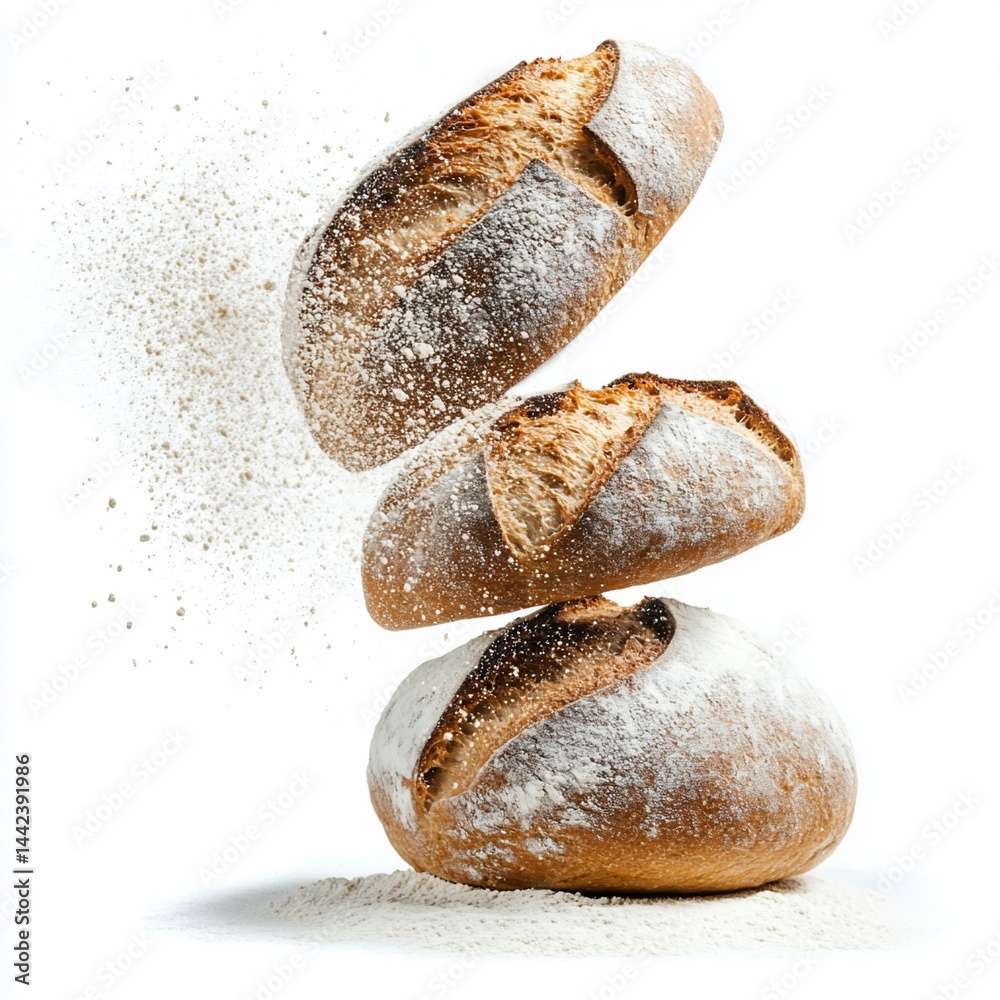 Three freshly baked loaves of artisan bread levitate against a white background, dusted with flour.