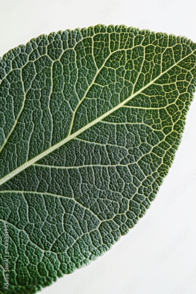 Close-up of a single green leaf, showcasing intricate vein details against a white background.