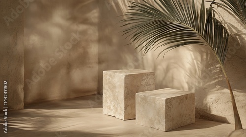 Two beige cube podiums in sunlit room with palm leaf.