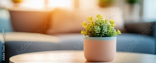 Obraz na płótnie Small potted plant on a wooden table in a living room. w salonie