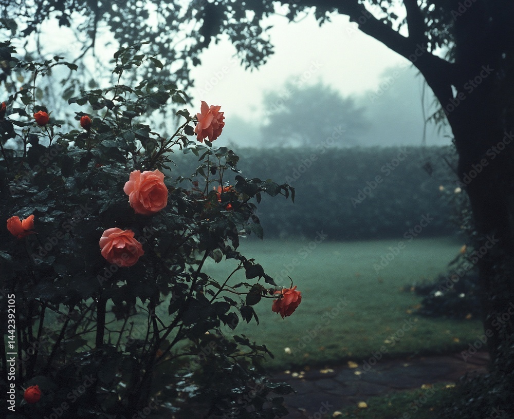 Misty morning garden with pink roses and lush greenery.