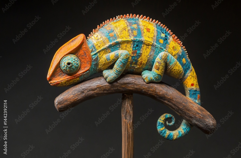 Colorful chameleon sculpture perched on a branch.