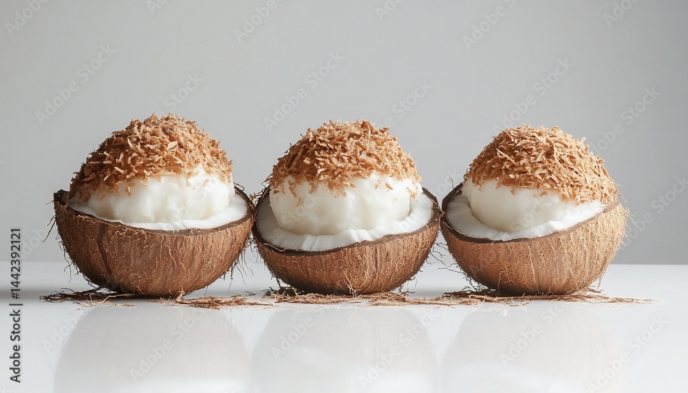 Three coconut halves filled with creamy ice cream, topped with shredded coconut.